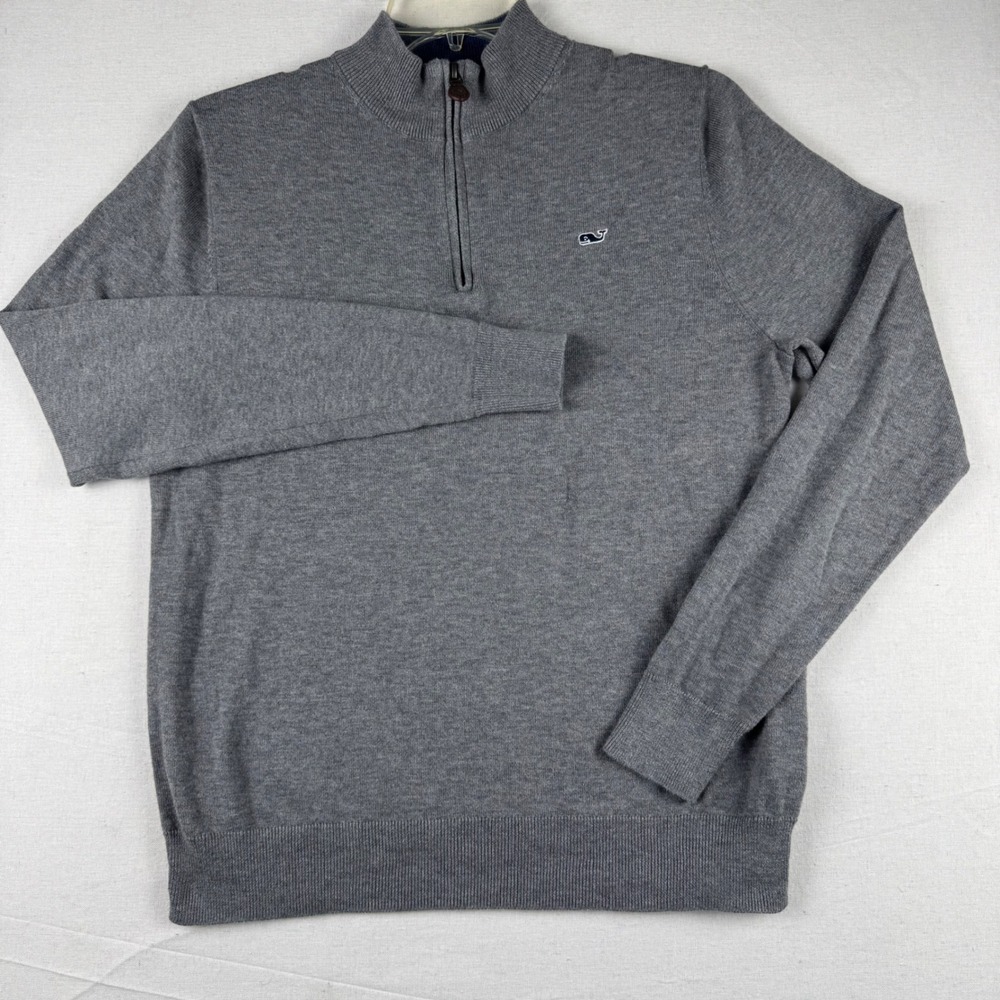 Vineyard Vines Mens XL 18 Gray Cotton Quarter Zip Pullover Whale Logo Sweater
